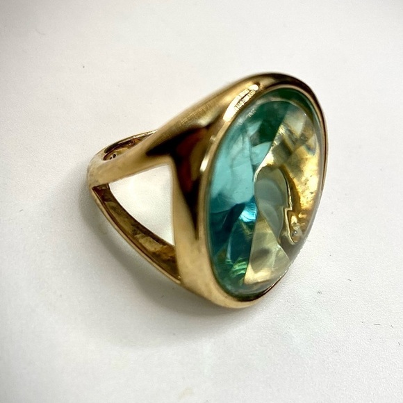MONET signed RARE Blue Topaz Faceted Glass Gold Plated Statement Ring size 7 - Picture 5 of 15